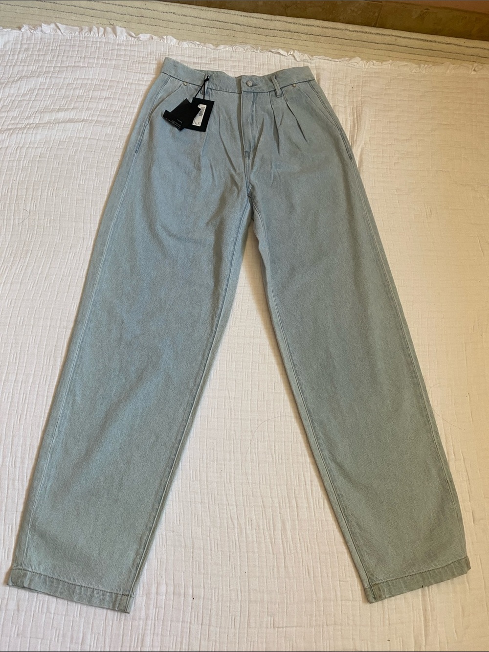 PAIGE 100% Cotton Light Blue  Pleated High-Rise Pants